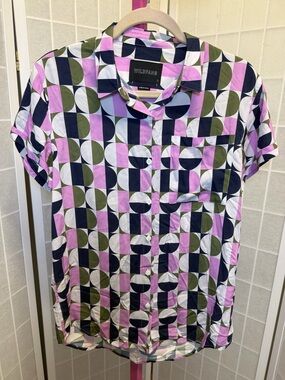 Wildfang Geometric Print Button-Up in Pink, Olive & Navy